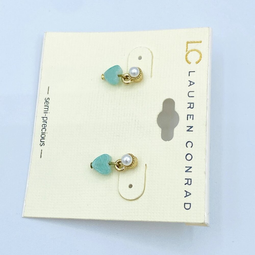 LC Lauren Conrad Blue Goldtone Heart Dangle Earrings New - Picture 3 of 4